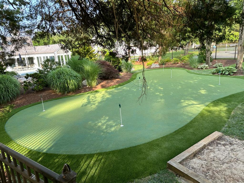 Curved backyard putting green with multiple cups beside trees and planting beds